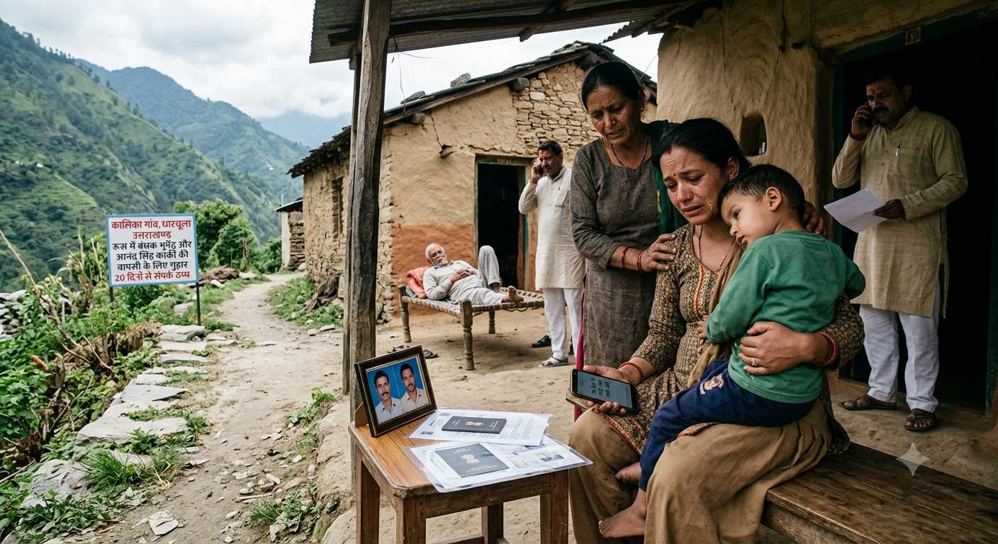 Distressed family of two Uttarakhand brothers trapped in Russia holding photos and documents outside their home in Pithoragarh.