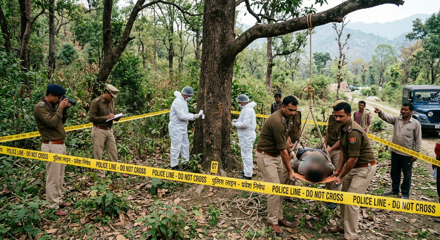 Police officers and forensics team investigating a crime scene where an unidentified woman's body was found hanging in the Sundarkhal forest of Dwarahat, Almora.