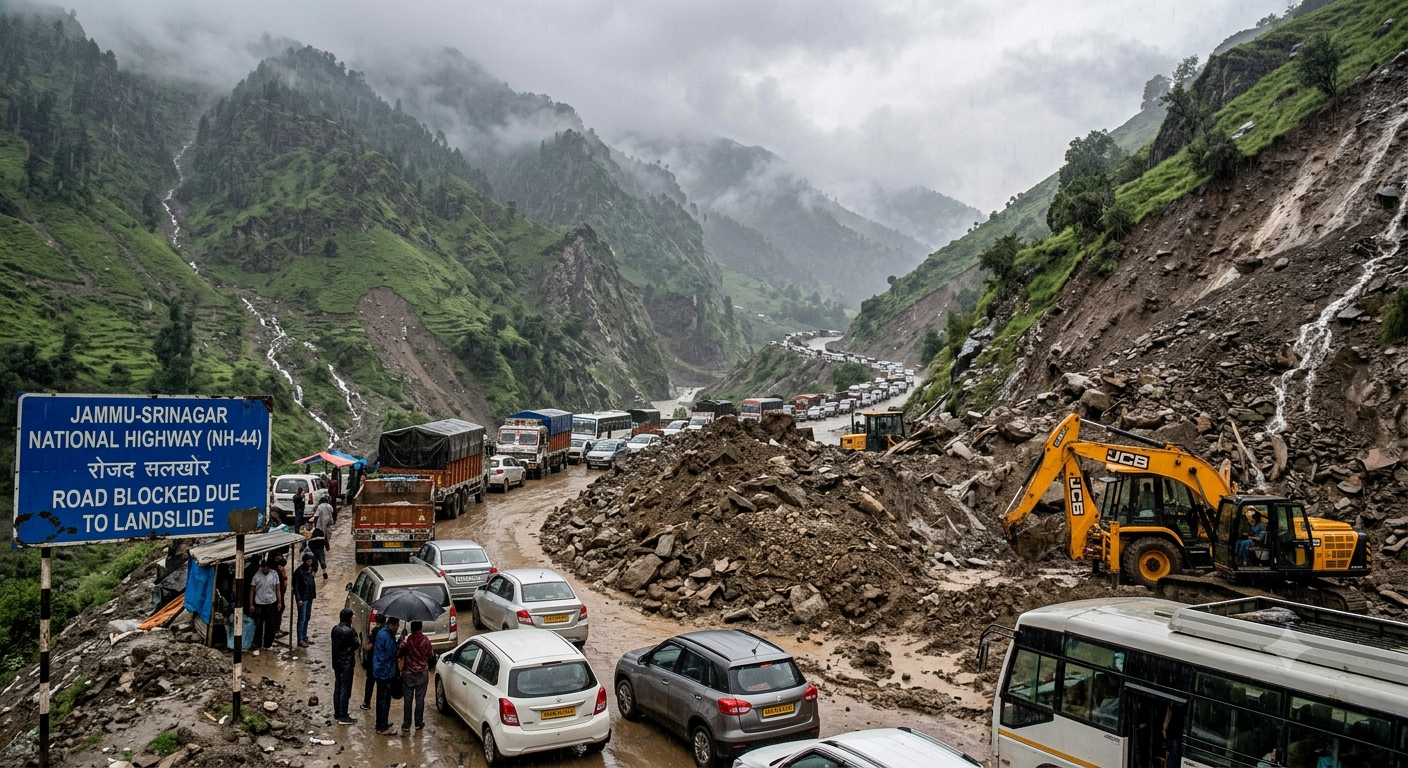 Heavy landslide on Jammu Srinagar National Highway NH 44 blocking traffic with stranded vehicles and JCB clearing mud