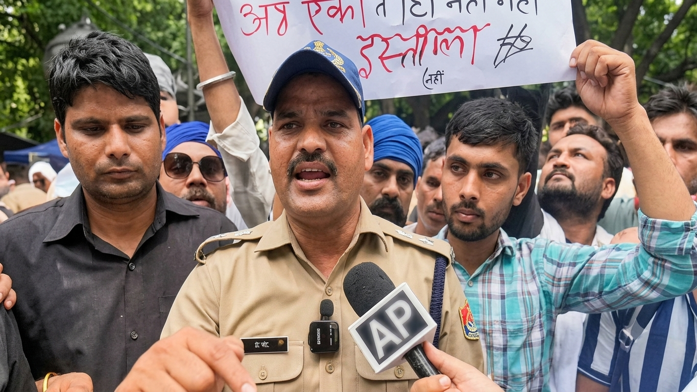 Uttarakhand Police constable standing on stage in uniform with microphone addressing protesting students at Jantar Mantar Delhi