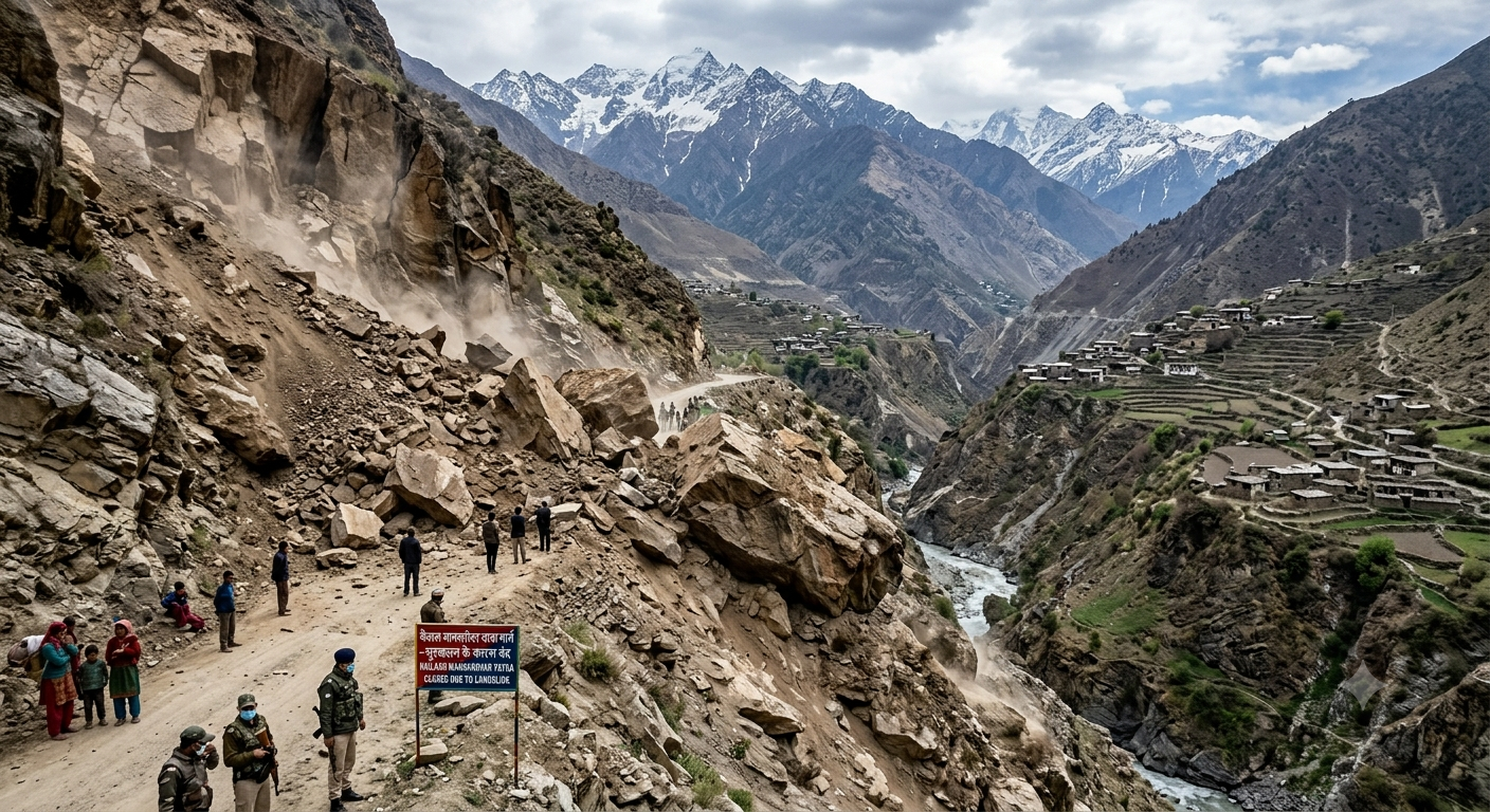 Massive landslide blocking the Kailash Mansarovar Yatra route near Najyang in Pithoragarh, Uttarakhand.