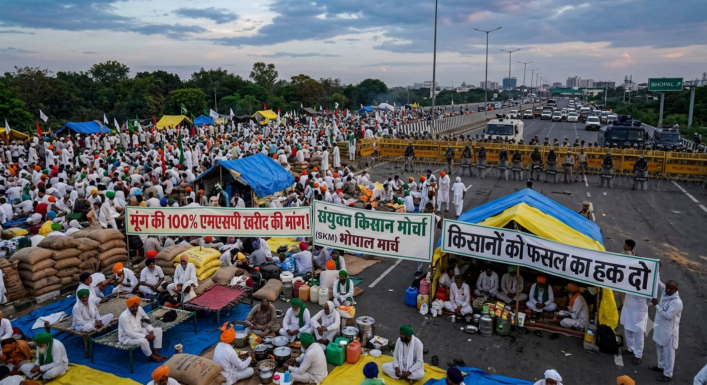 Thousands of farmers protesting on Bhopal highway with ration and tents demanding 100% MSP on moong crops.