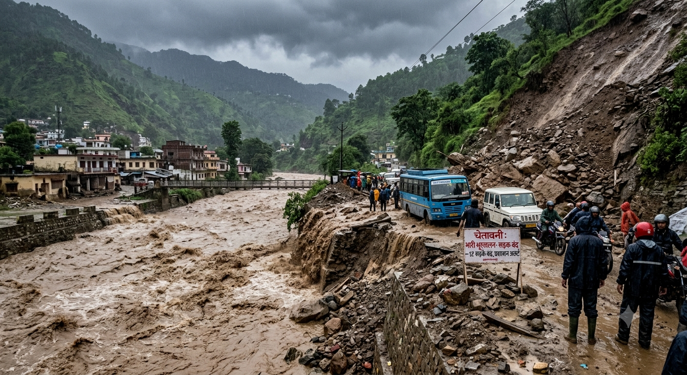​A overflowing river and landslide blocking a mountain road in Bageshwar Uttarakhand during heavy monsoon rainfall.