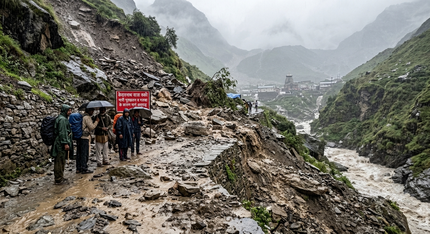 Heavy landslide debris and rocks blocking the narrow trekking path to Kedarnath Temple with flooded river in background.