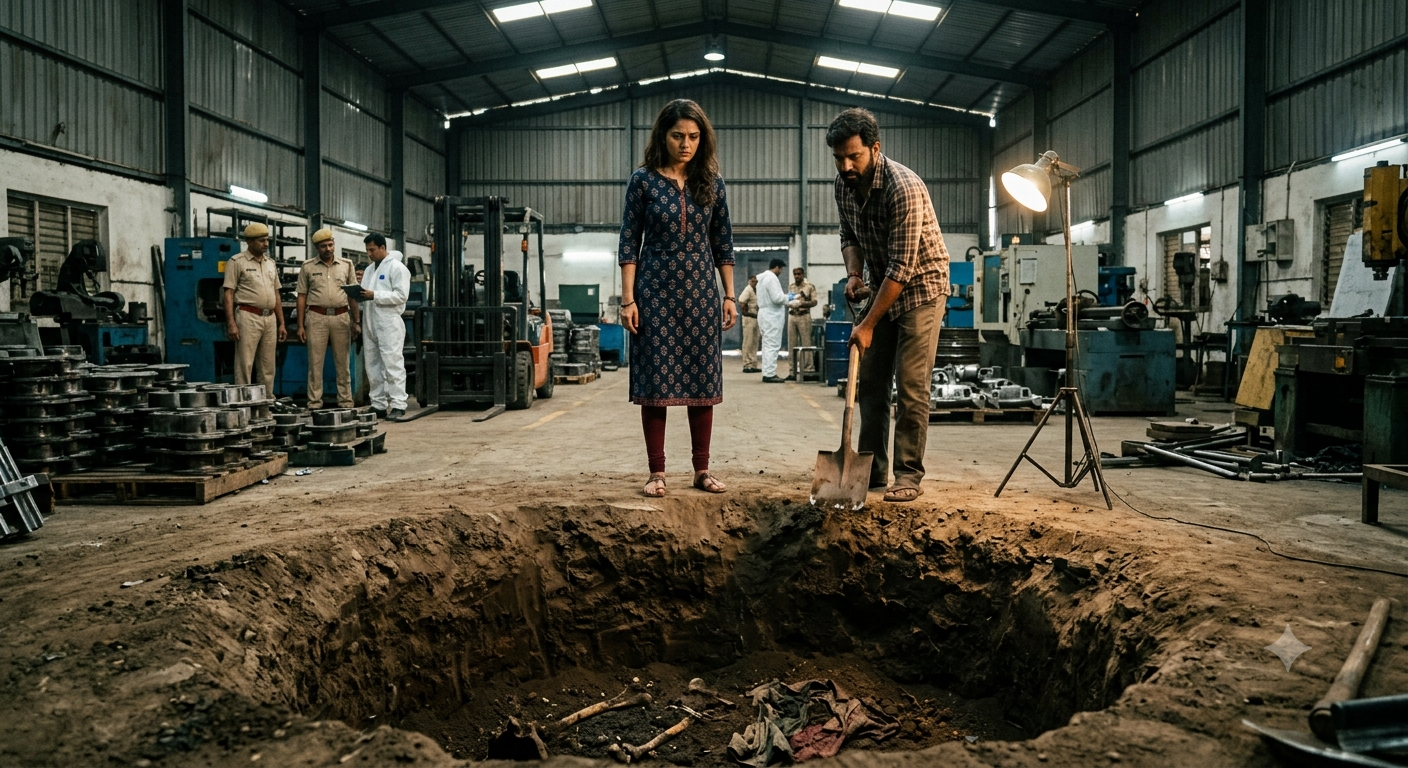 Police and forensic experts investigating a crime scene inside a factory in Jamnagar during a murder investigation.