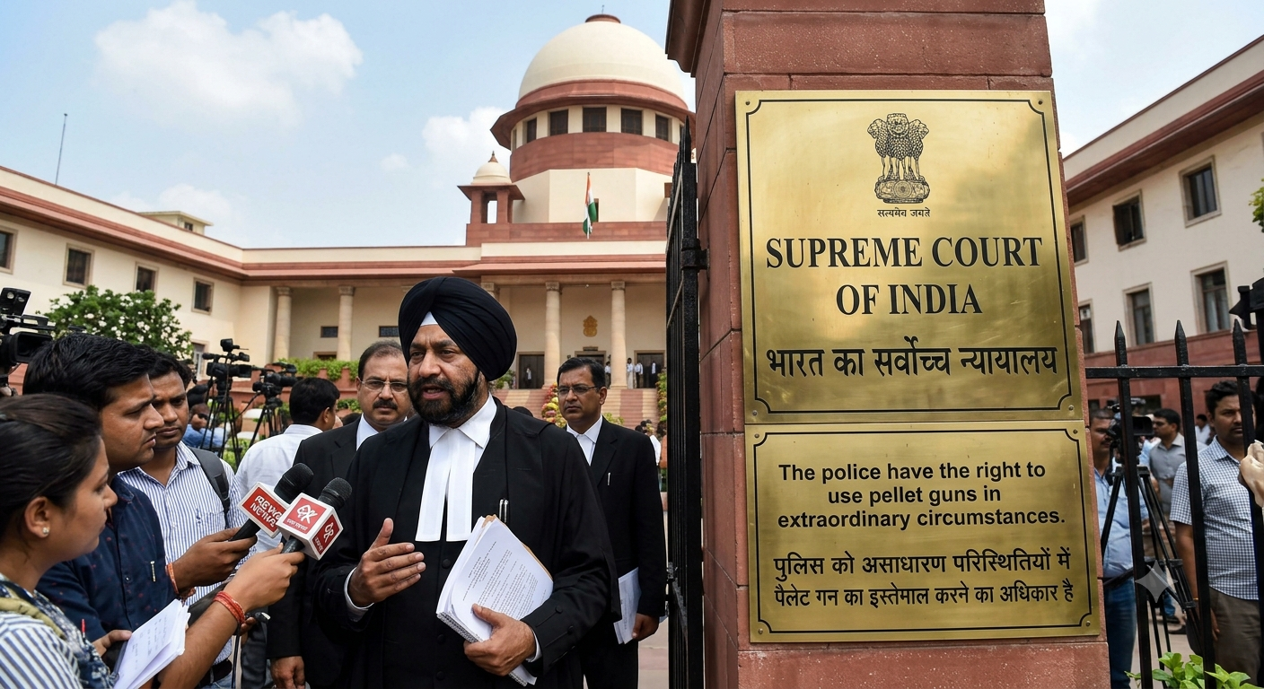 Supreme Court of India building exterior with lawyers and journalists standing outside