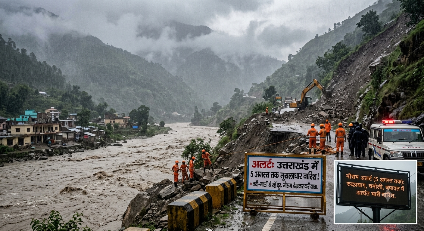 Disaster management teams on alert near a flooded river and landslide site in Uttarakhand during a monsoon weather warning.