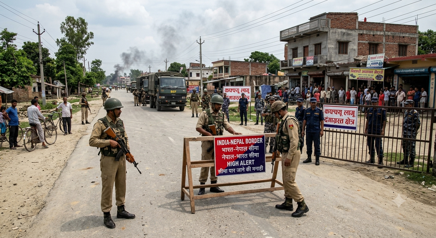 Armed security personnel guarding a barricaded India-Nepal border checkpoint with curfew signs following communal violence.