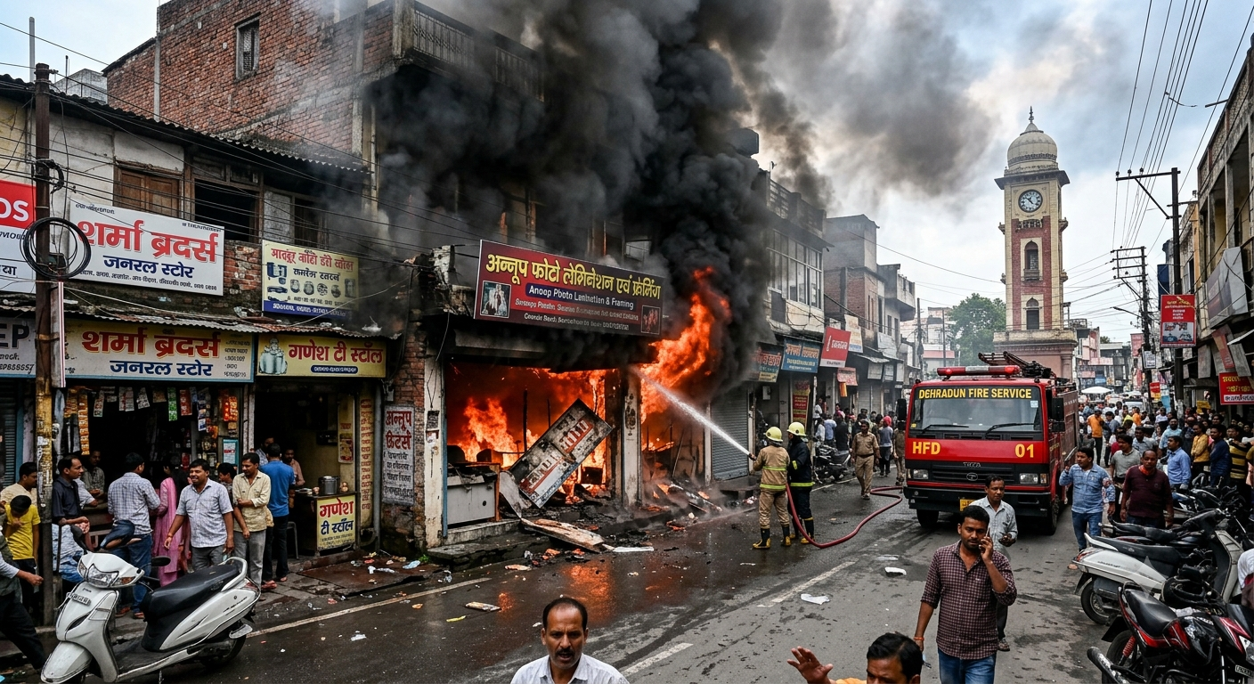 Firefighters spraying water on a photo lamination shop on fire near Clock Tower on Chakrata Road in Dehradun as black smoke rises into the sky.