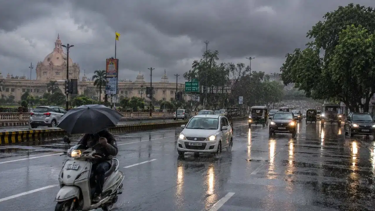 Weather Update: Dark monsoon clouds over agricultural fields as weak rainfall affects several districts across India.