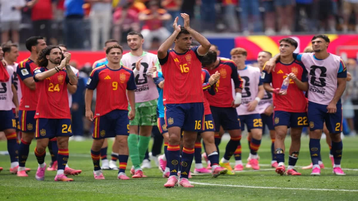 Spain vs Belgium – Spain players celebrate after defeating Belgium 2-1 in the FIFA World Cup 2026 quarter-final