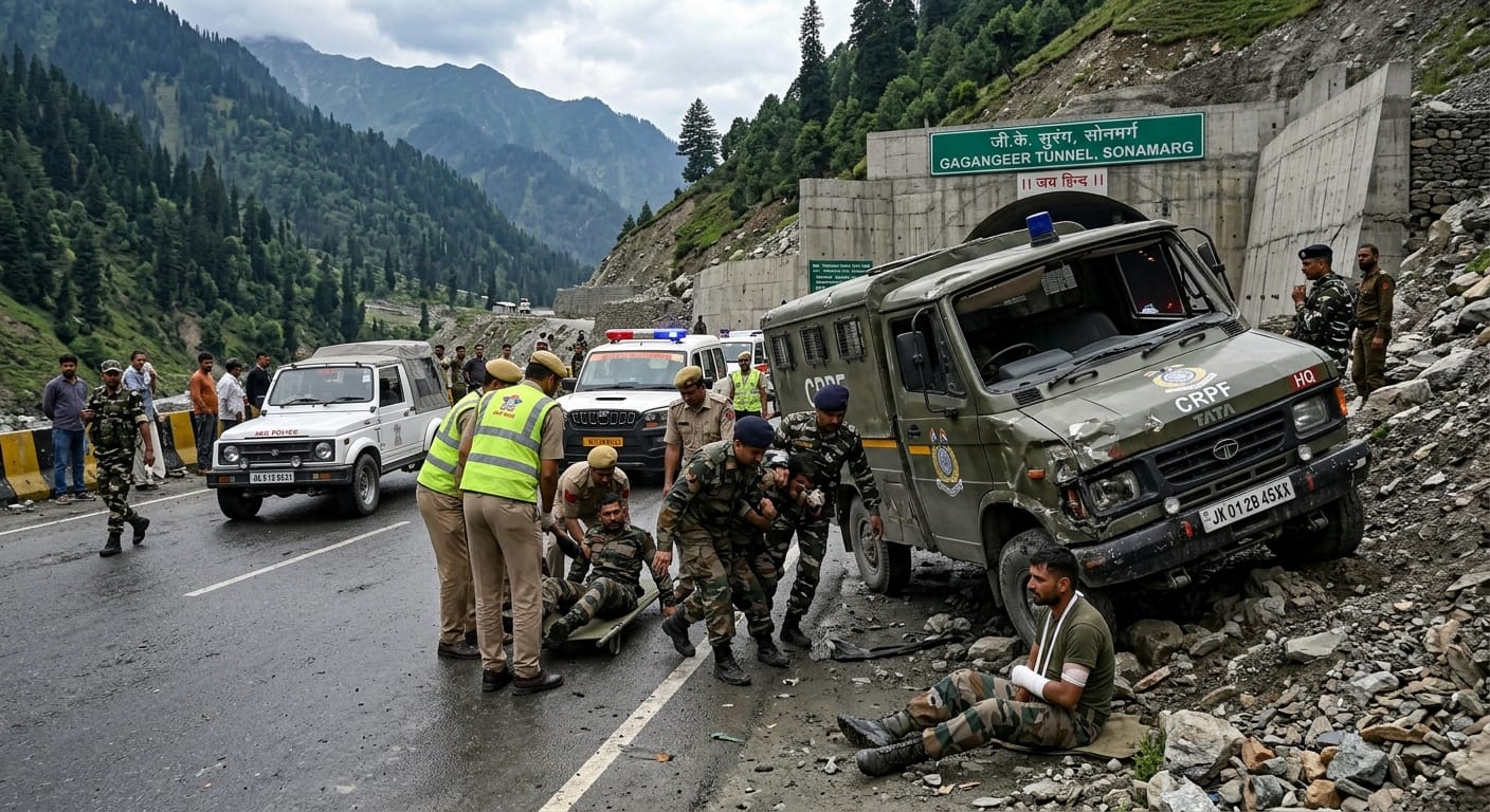 A damaged security forces vehicle on the side of the Srinagar-Leh highway near Sonamarg tunnel, with rescue teams and police assisting injured soldiers
