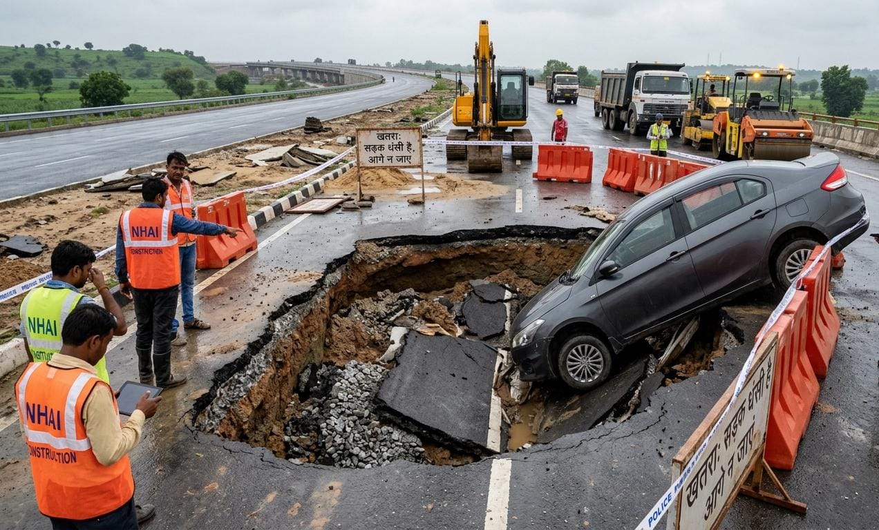 A car trapped in a large road cave-in on the Delhi-Dehradun Expressway with NHAI officials and repair machinery at the scene.