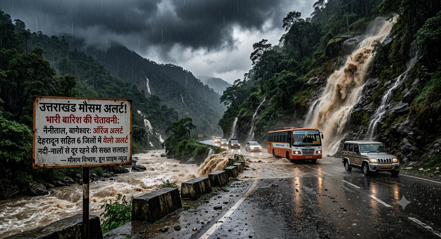 Heavy monsoon rain and landslide alert on Uttarakhand mountain highway with overflowing rive