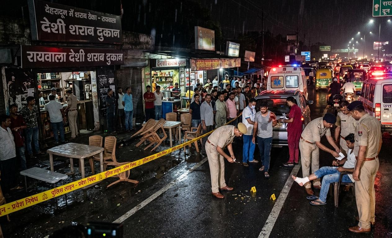 Uttarakhand police investigating a crime scene outside a liquor shop at night in Raipur Dehradun after a firing incident