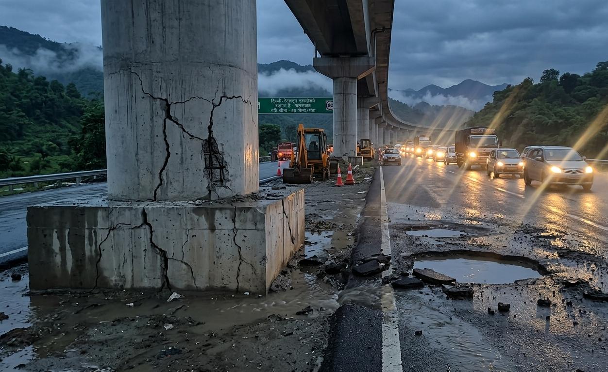 Cracks visible on the concrete pillar and deep potholes filled with water on the newly built Delhi-Dehradun expressway after rains