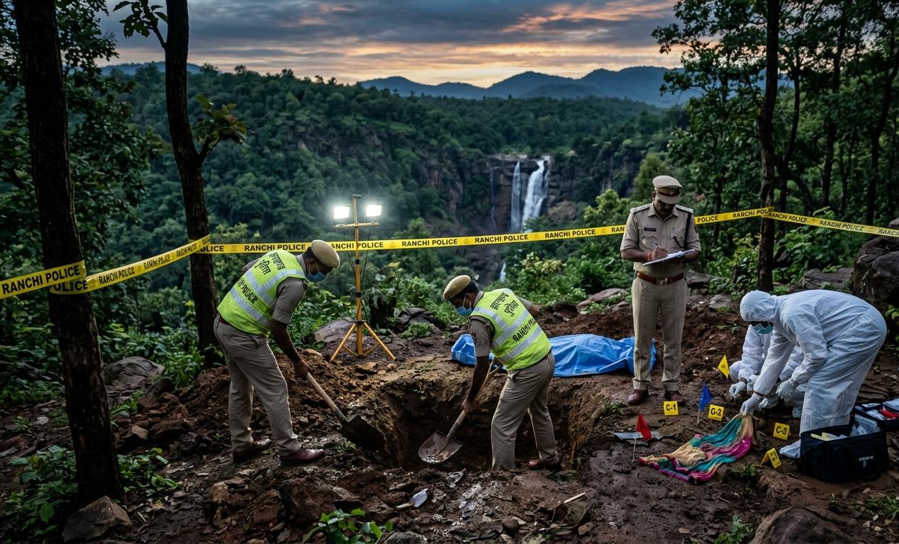 Indian police officers in uniforms and white forensic suits are conducting a thorough investigation at a wooded, outdoor crime scene near Dassam Falls, Ranchi. Several officers are using shovels to excavate an area of disturbed soil. Yellow 'RANCHI POLICE' crime tape cordons off the perimeter of the active investigation site. The setting features lush green hills and a waterfall under a sunset sky.