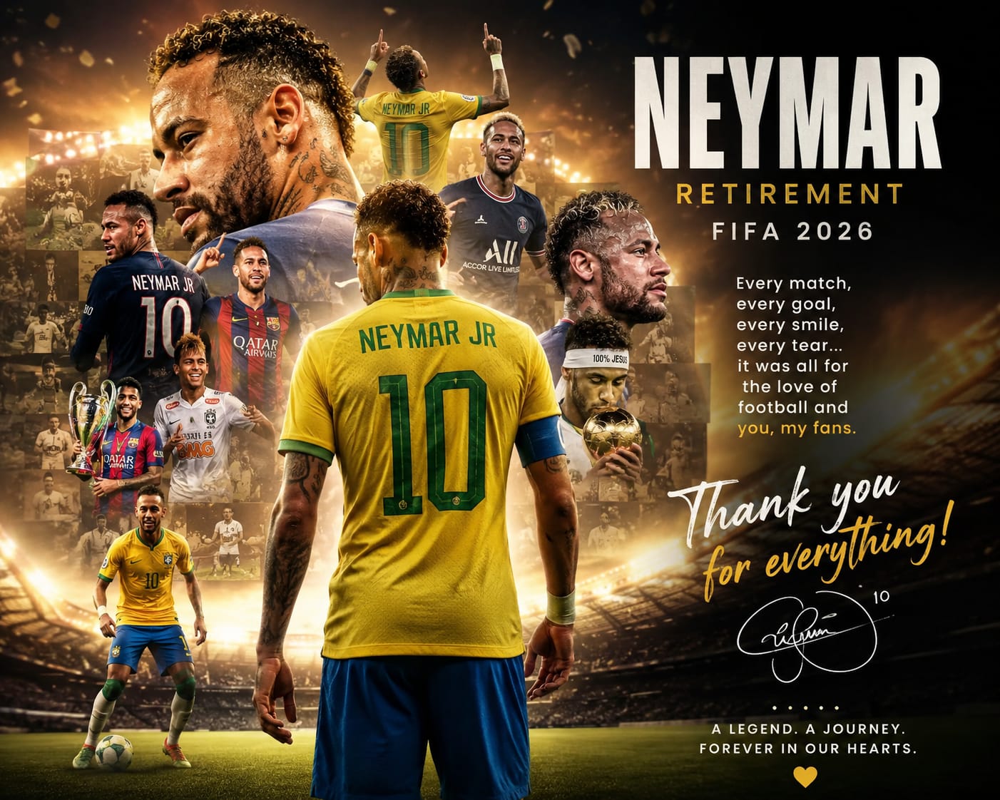 Emotional Neymar Junior crying on the field after Brazil loss in FIFA World Cup 2026 round of 16 match.