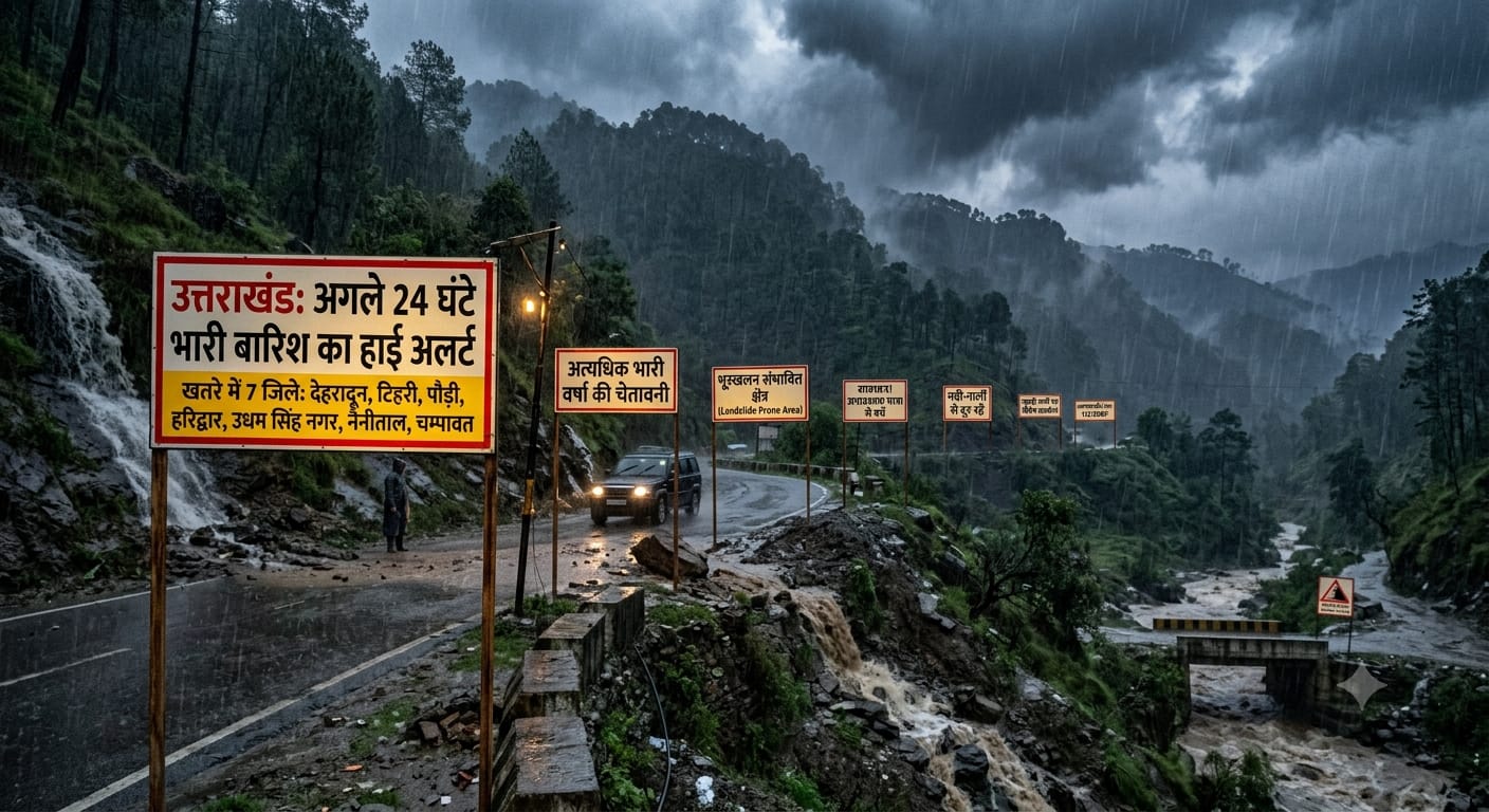 Heavy rain and landslide warning signboards on a dangerous mountain road in Uttarakhand during monsoon.
