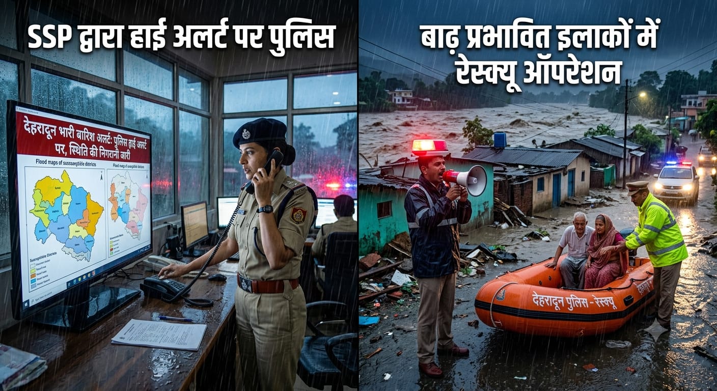 Dehradun police officer monitoring weather maps in control room and emergency rescue operation in flooded area during heavy rain