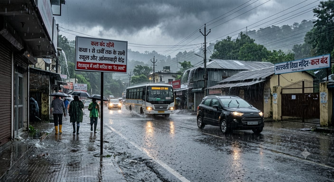 A heavy rain downpour over the streets of Dehradun, Uttarakhand, reflecting an emergency weather warning situation.