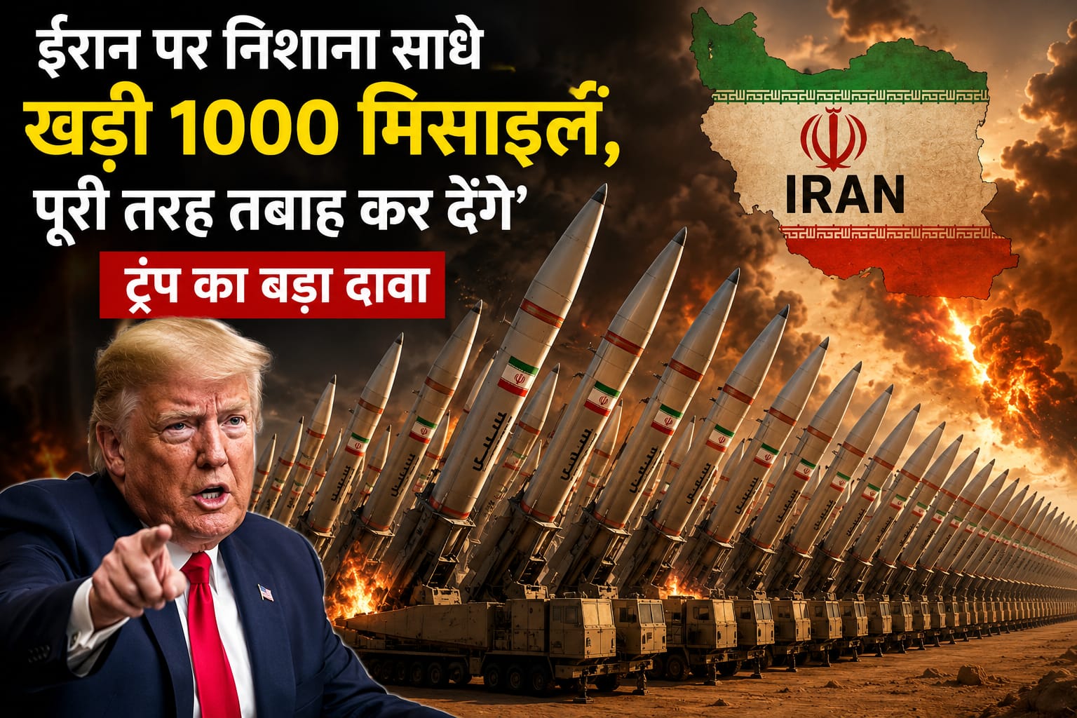 Donald Trump warning Iran with US military missiles in the background, news concept illustration.