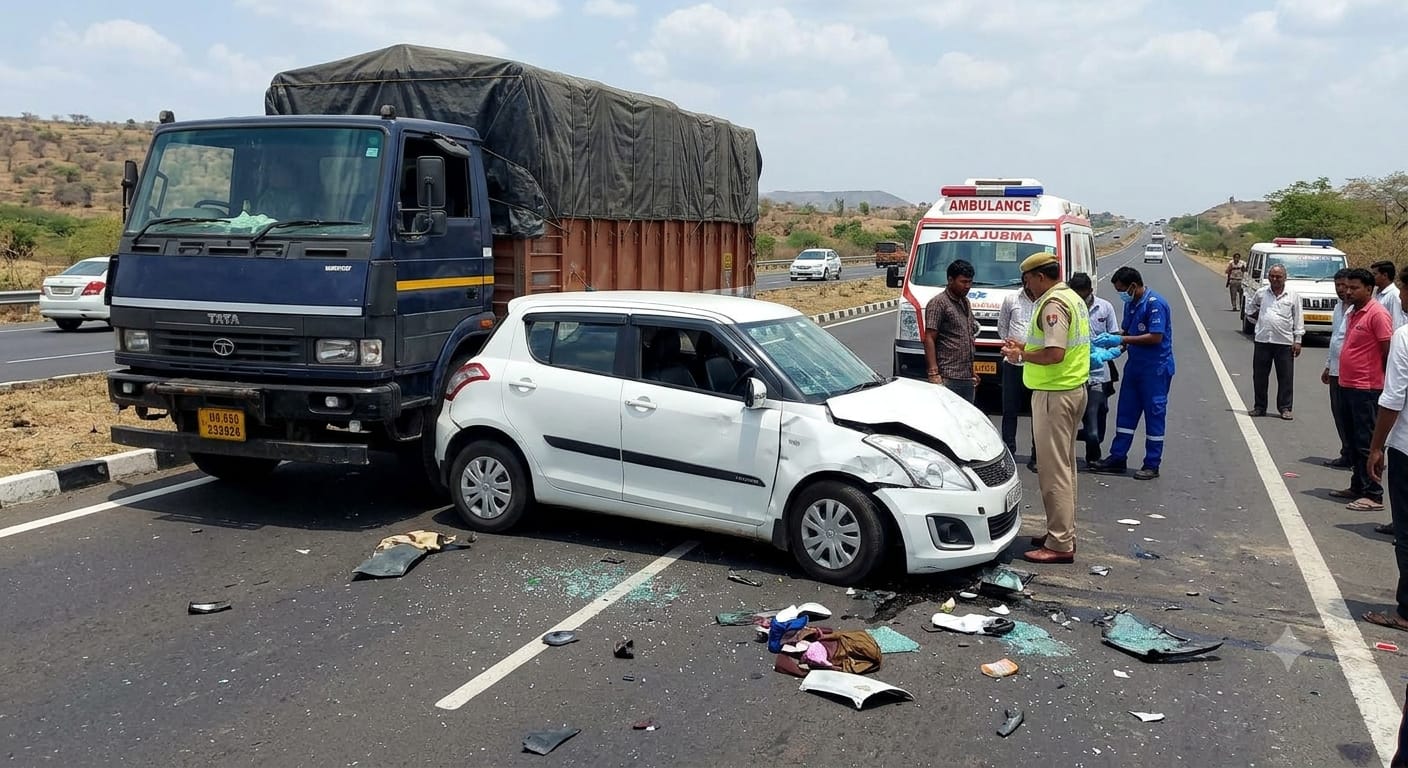 A damaged car after colliding with a stationary truck on a highway in Gujarat, news concept illustration.