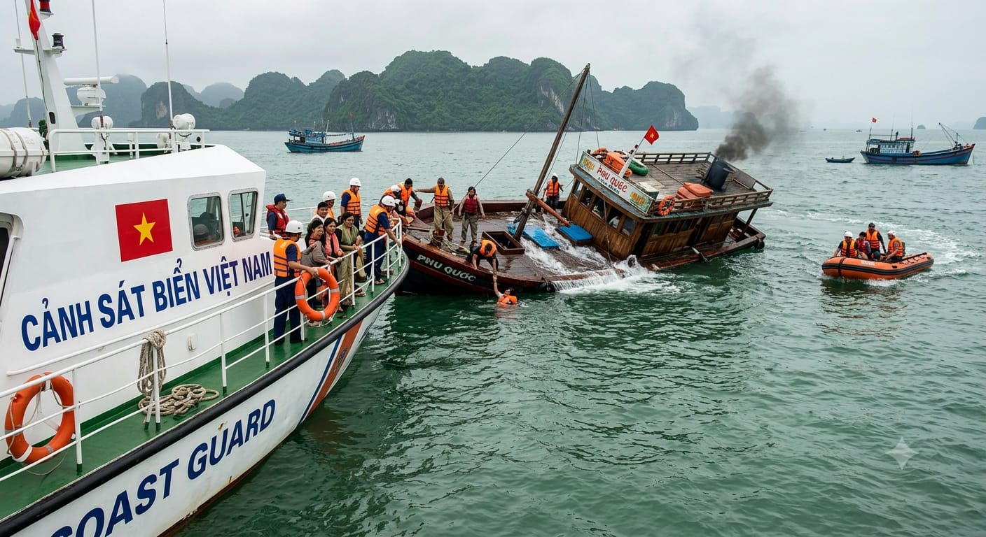 A tourist boat capsizing in the sea near Phu Quoc island with Vietnam Coast Guard rescuing people, news concept illustration.