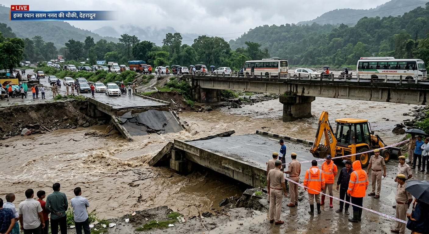 Broken temporary bridge due to heavy rain in Nanda ki Chauki Dehradun with traffic diverted to main bridge.