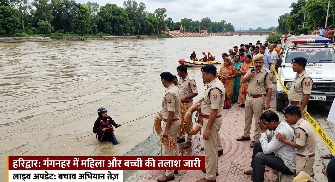 Uttarakhand Police and rescue teams conducting a search operation at the Ganga Canal in Haridwar for a missing woman and child.