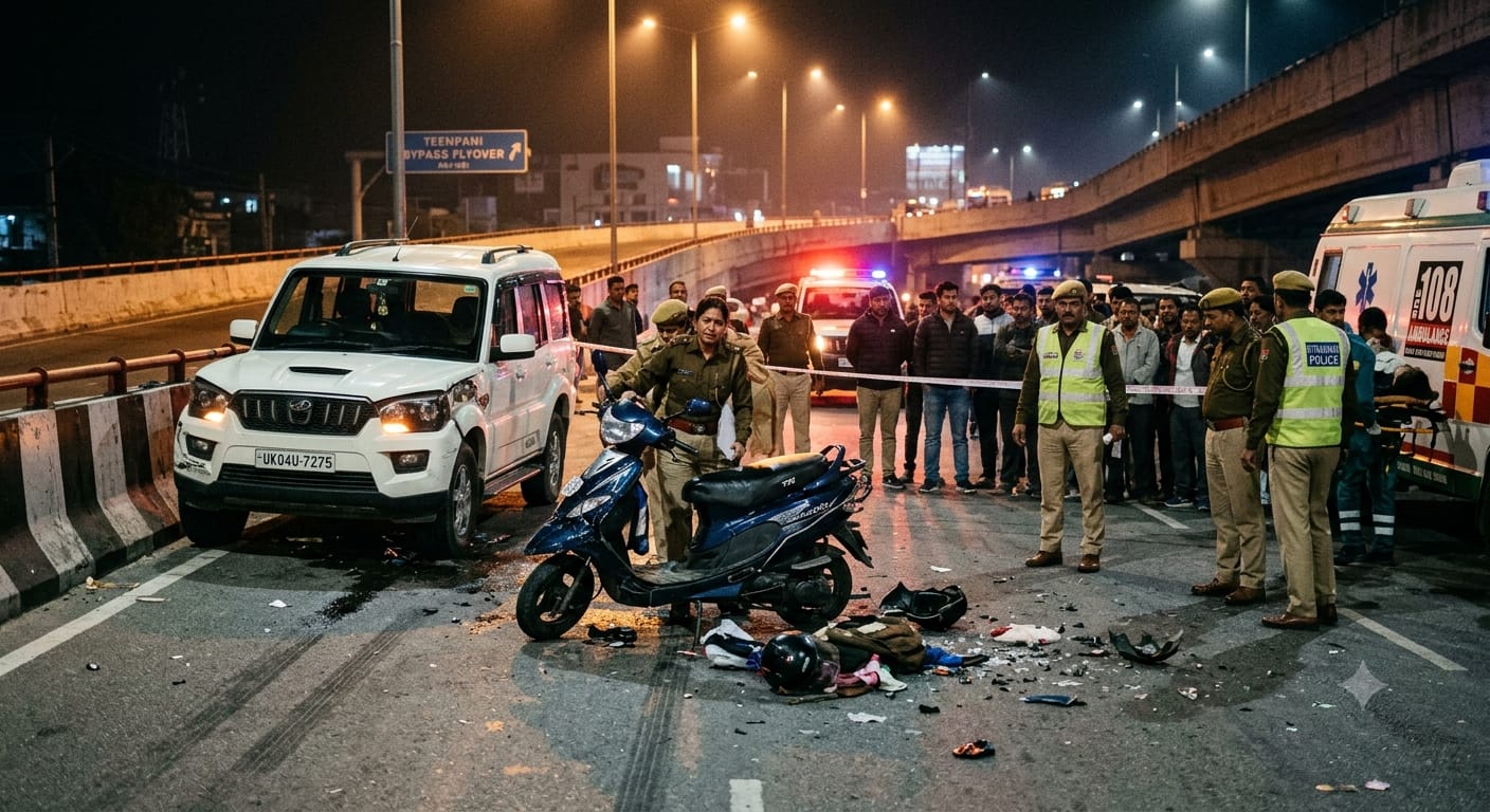 Fatal road accident scene at Teenpani bypass flyover in Haldwani involving a Scorpio and a scooter