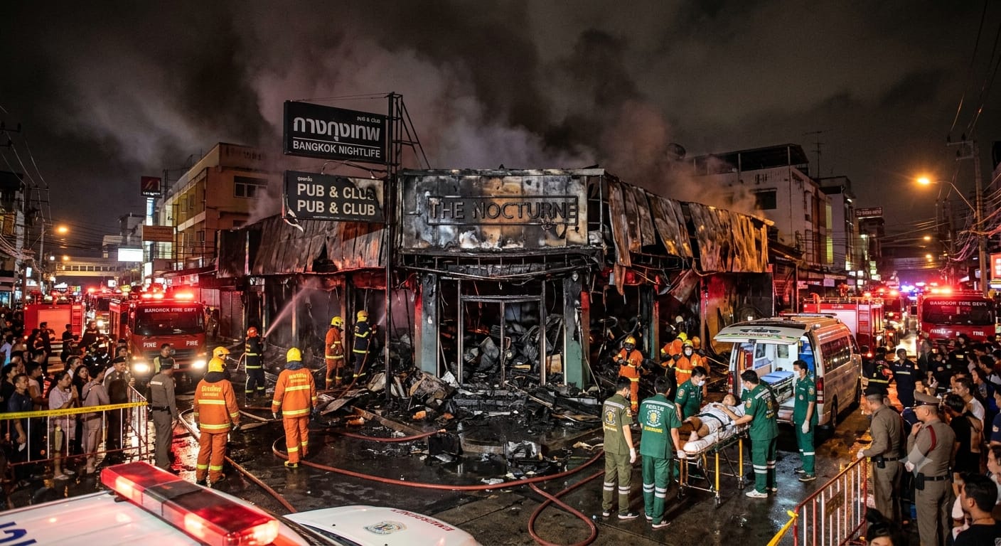 Firefighters and rescue teams working outside a burnt pub after a fatal fire accident in Bangkok, Thailand.