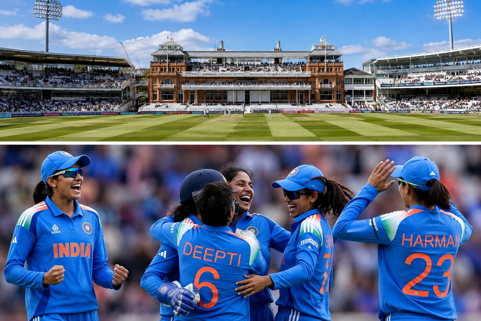 Indian women's cricket team captain Harmanpreet Kaur and teammates celebrating their historic 270-run Test victory against England at Lord's.