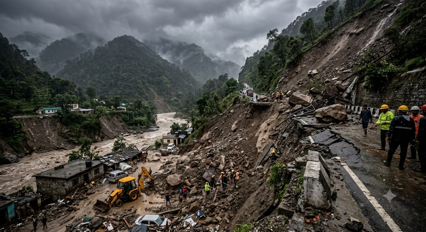 Massive landslide destroying a mountain highway in Uttarakhand during heavy monsoon rain, with rescue workers and a JCB clearing debris.
