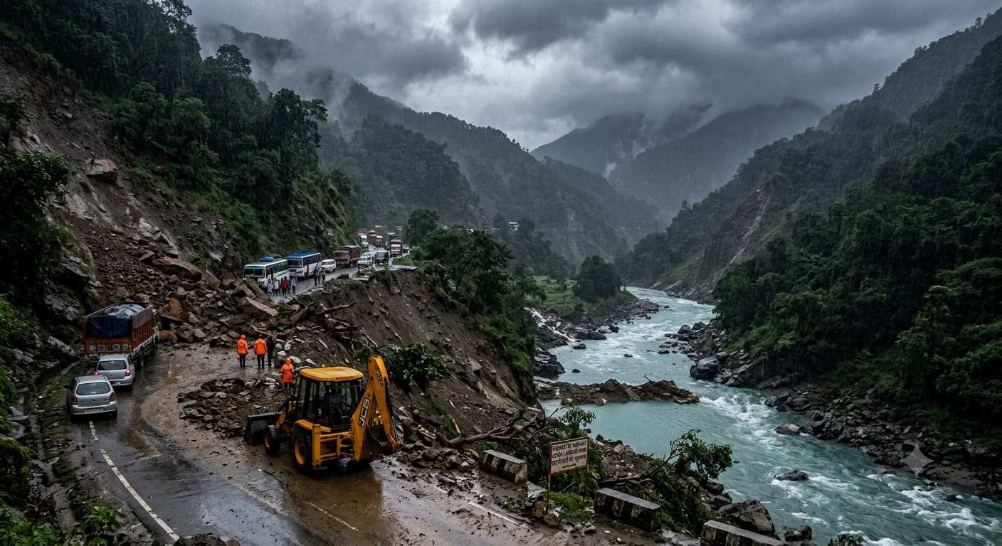 A heavy JCB excavator clearing a landslide blocking the highway in Uttarakhand, India, with swollen Yamuna River below and vehicles stranded.