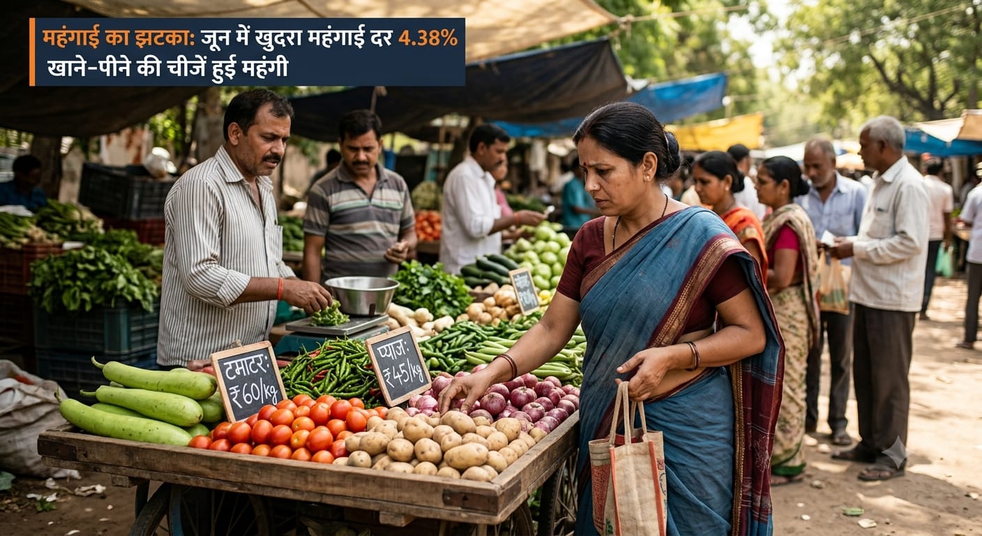 An Indian woman buying expensive vegetables at a crowded local market, representing rising retail inflation in June.