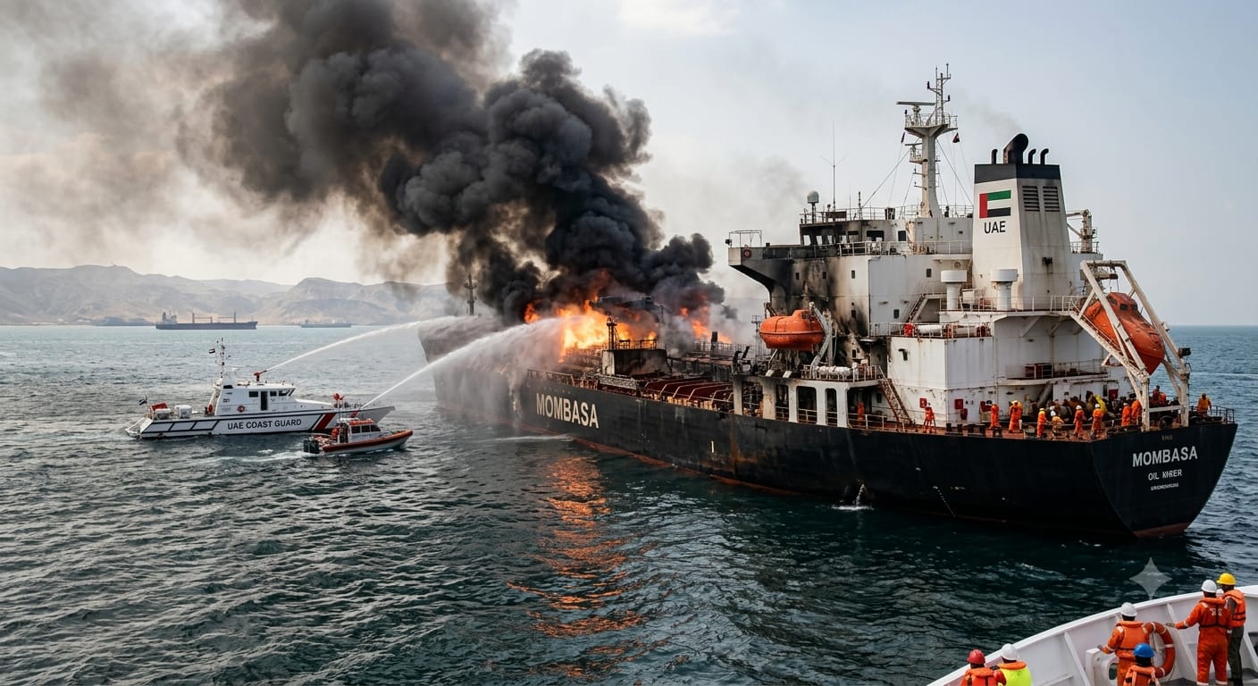 UAE oil tanker Mombasa on fire after missile attack in Strait of Hormuz with UAE Coast Guard boat dousing the flames.
