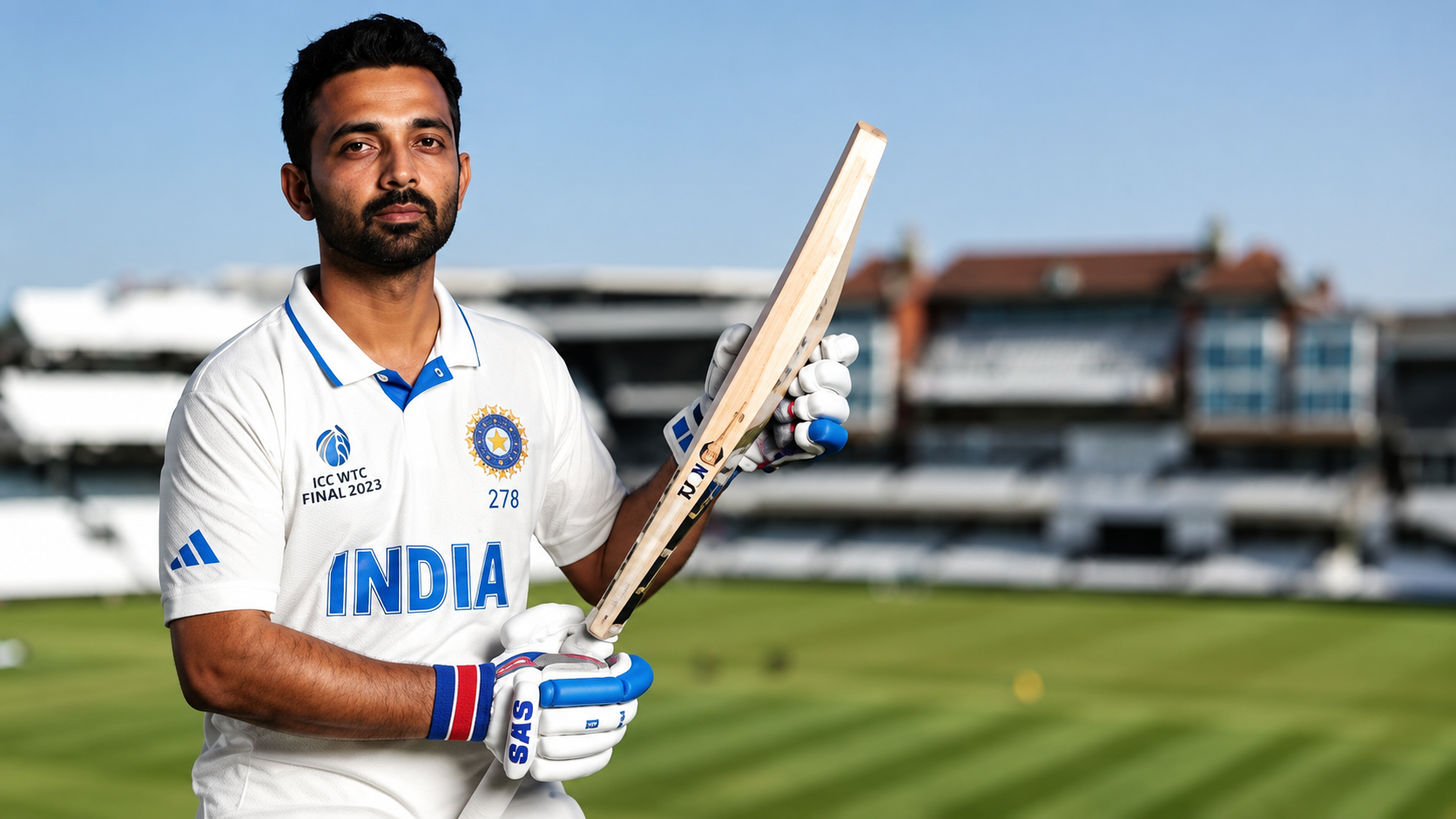 Ajinkya Rahane celebrating in Indian cricket jersey during a test match