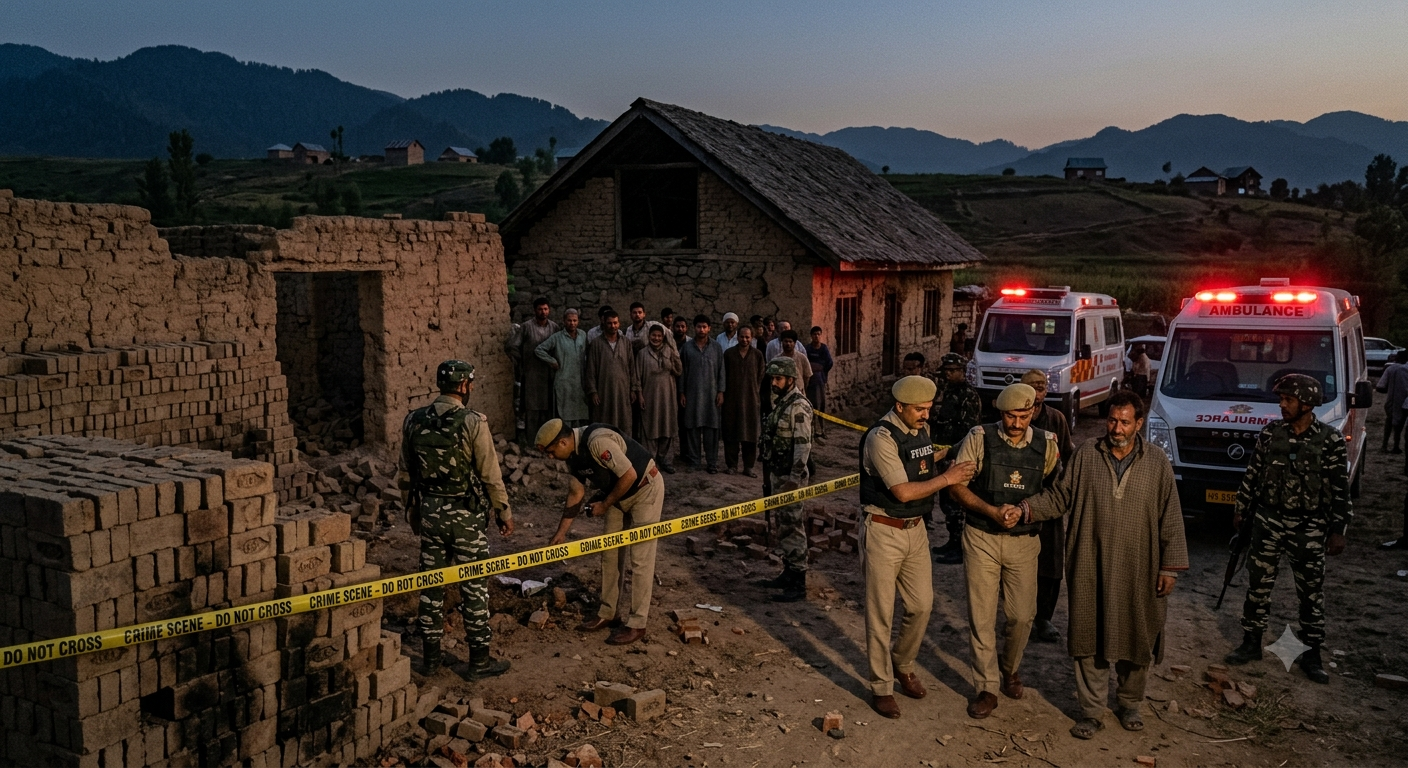 Security forces and police investigating the brick kiln site after a targeted attack in Kulgam, Jammu and Kashmir.