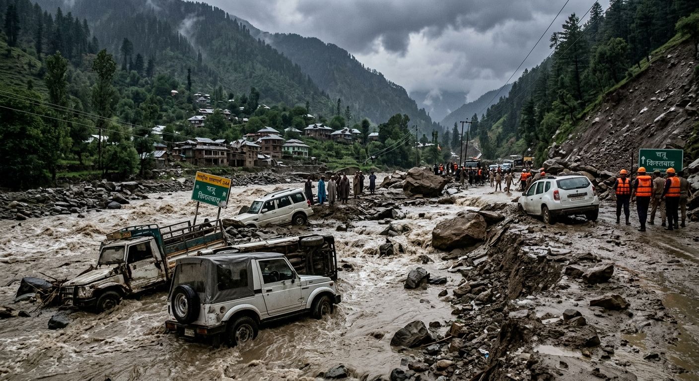 Cars swept away in muddy floodwaters after a sudden cloudburst in Kishtwar Jammu and Kashmir