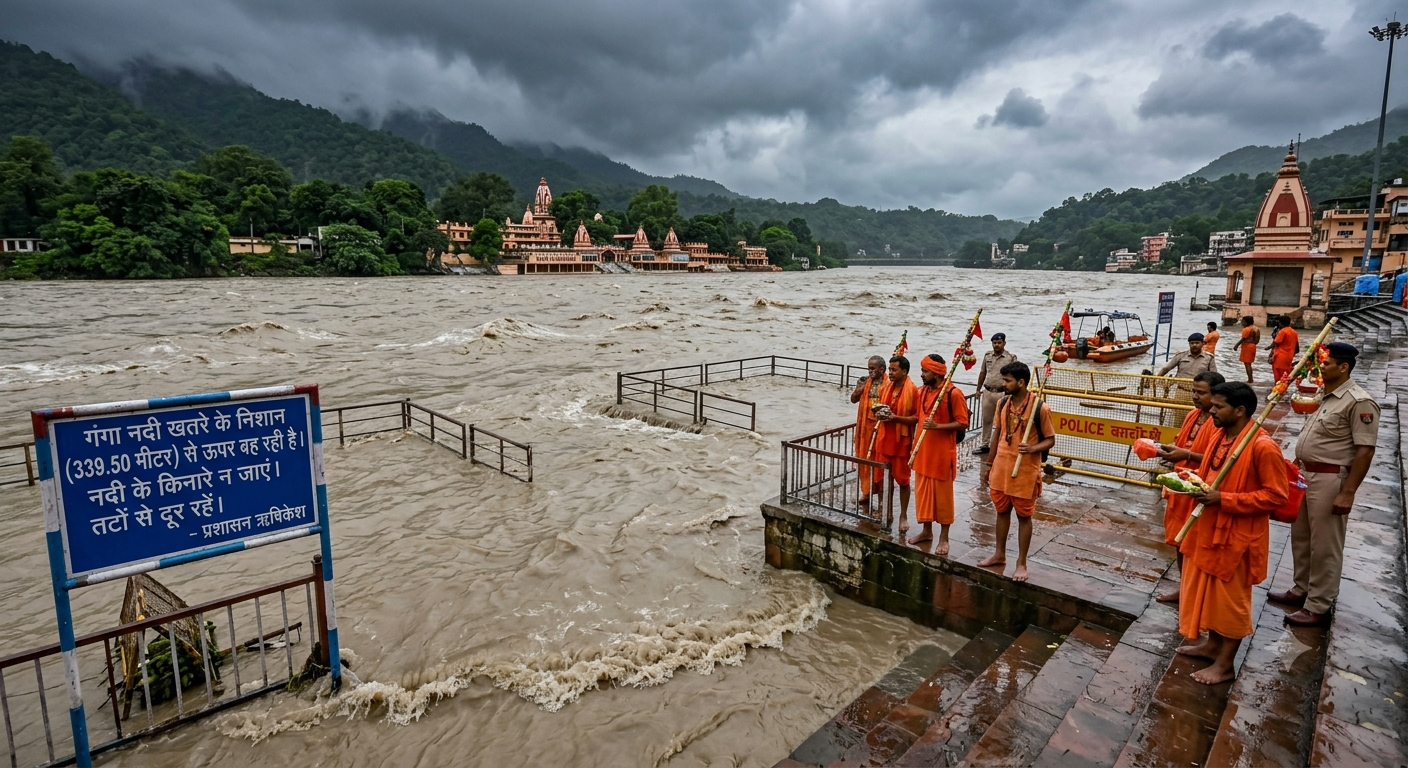 Overflowing Ganga river waters submerging Triveni Ghat platforms in Rishikesh during heavy rainfall