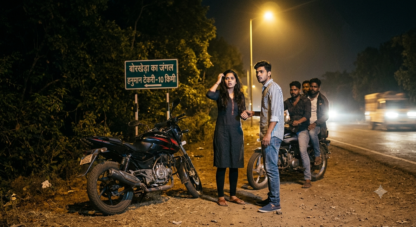 Illustration of a young couple on a motorcycle stopped by unknown men on a highway near Guna at night