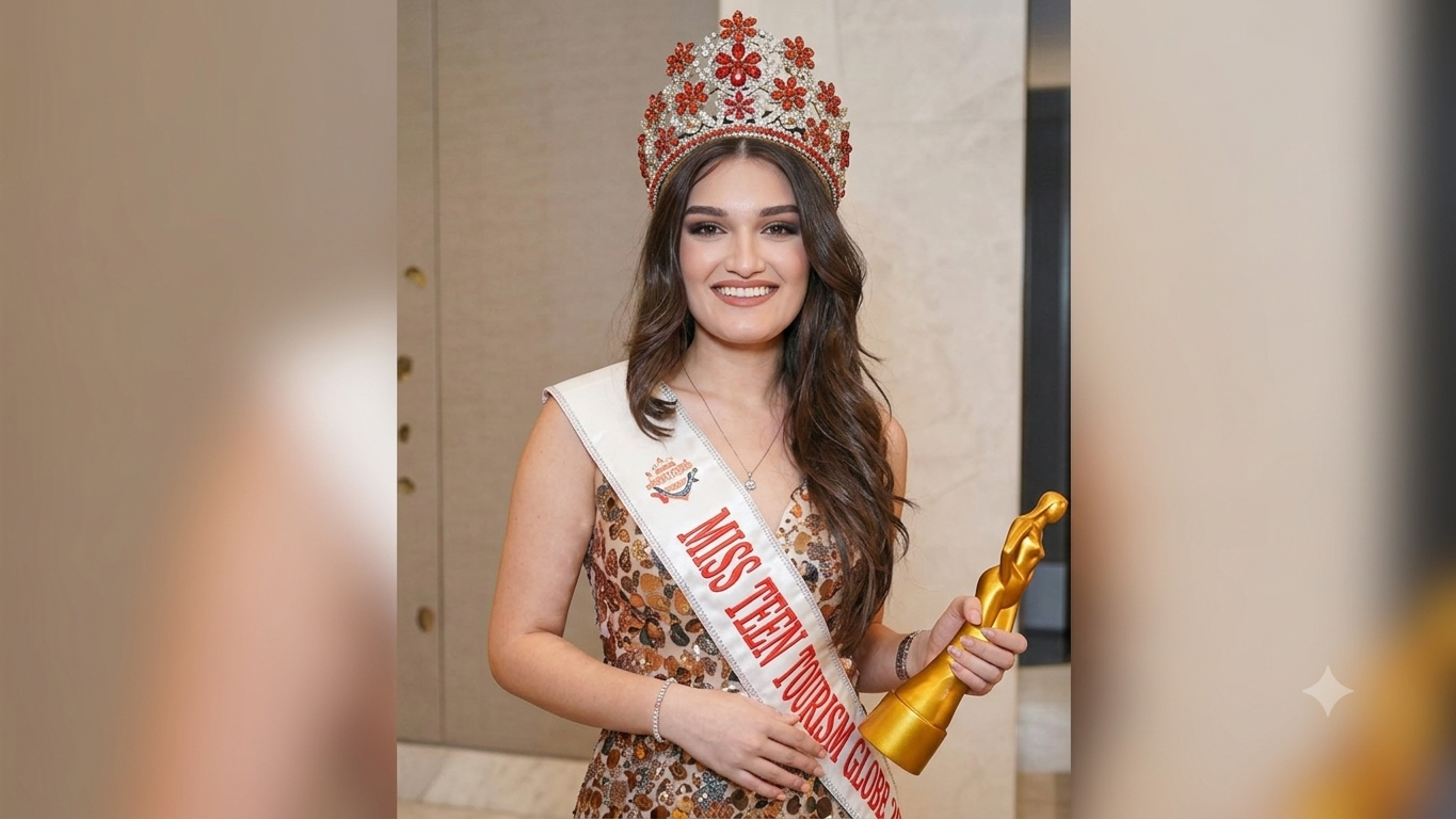 Pavani Chhabra from Dehradun wearing a crown, sash, and holding a trophy after winning Miss Teen Tourism Globe 2026