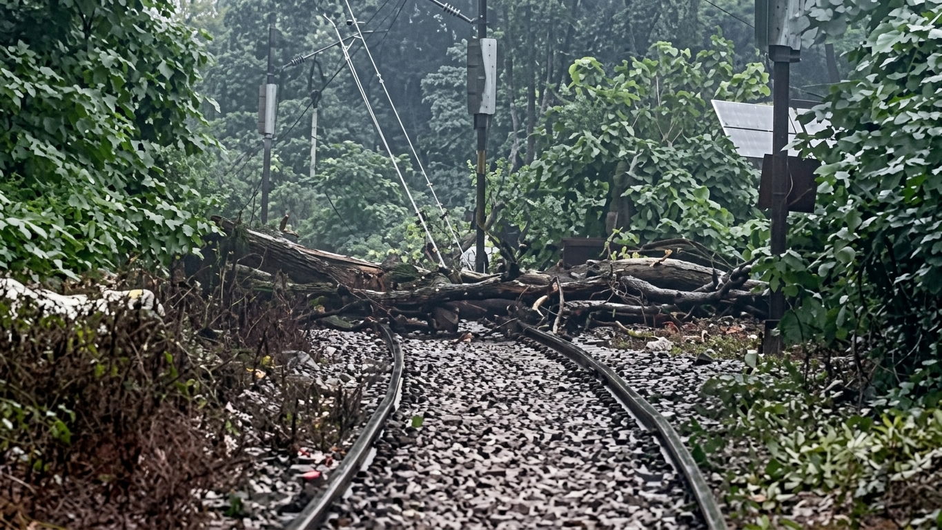 A large tree fallen across a curved railway track near Motichur and Haridwar surrounded by dense green forest foliage.