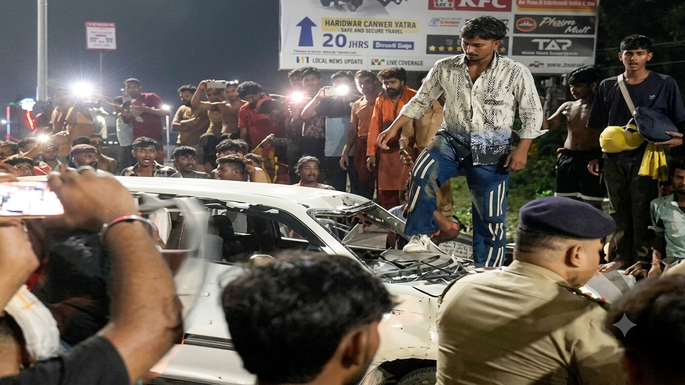 Devotees gathered around a damaged car after a conflict during the Kanwar Yatra in Roorkee Uttarakhand