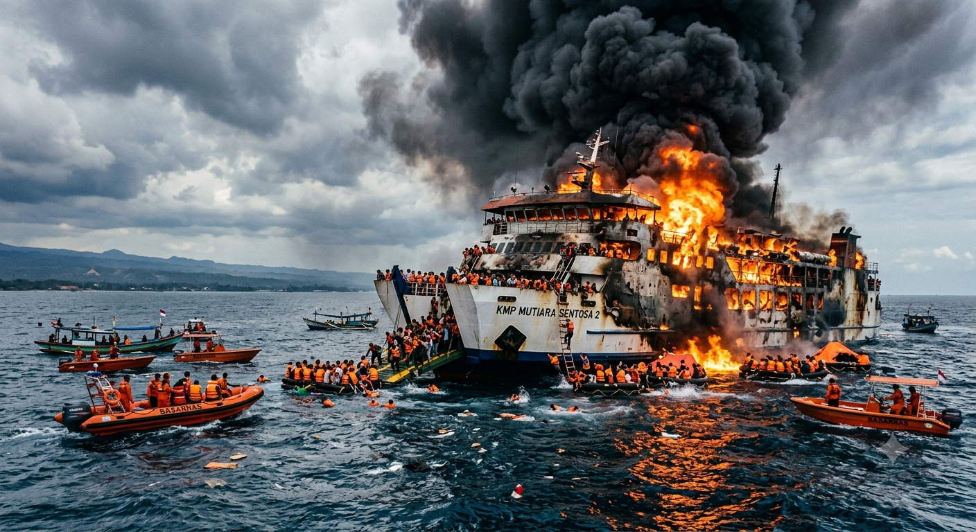 ​Rescue boats saving passengers from burning KMP Mutiara Sentosa 2 ferry near Madura Island, Indonesia