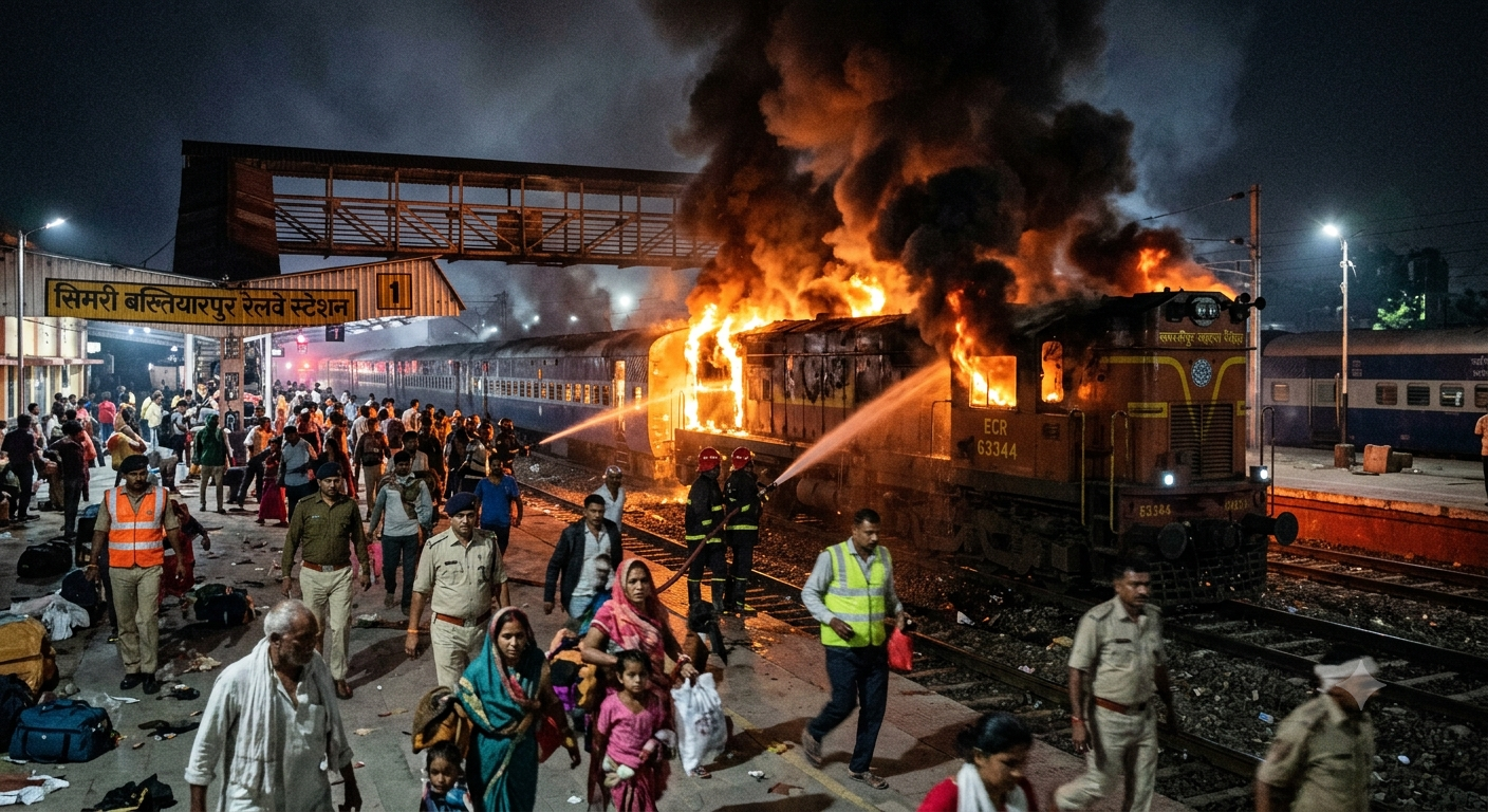 Firefighters extinguishing heavy fire on Samastipur-Saharsa passenger train engine and coaches at Simri Bakhtiyarpur railway station in Bihar.