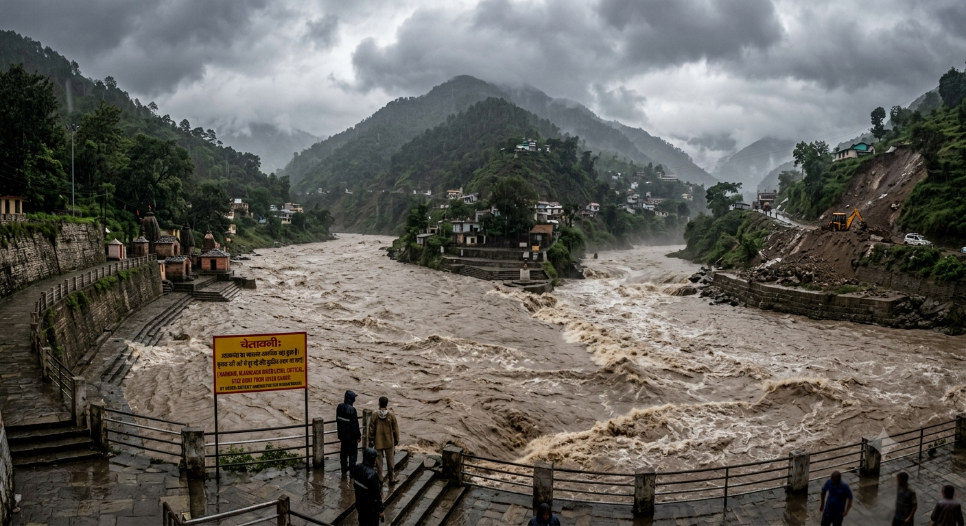 Surging muddy waters of Alaknanda River overflowing near riverbanks in Rudraprayag during heavy rainfall