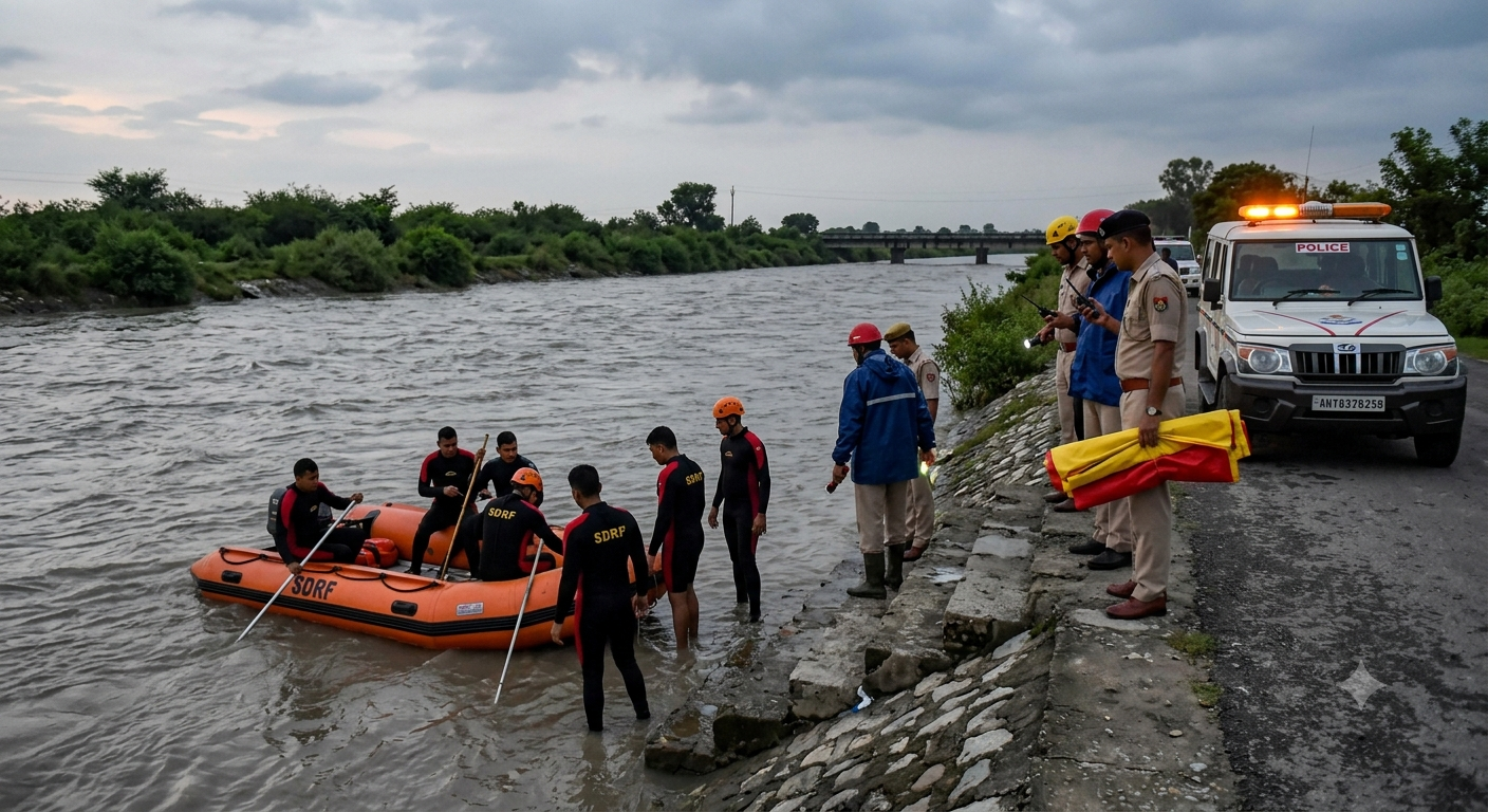 SDRF rescue team and police conducting a search operation in Ganganahar canal using a raft after a hit and run incident