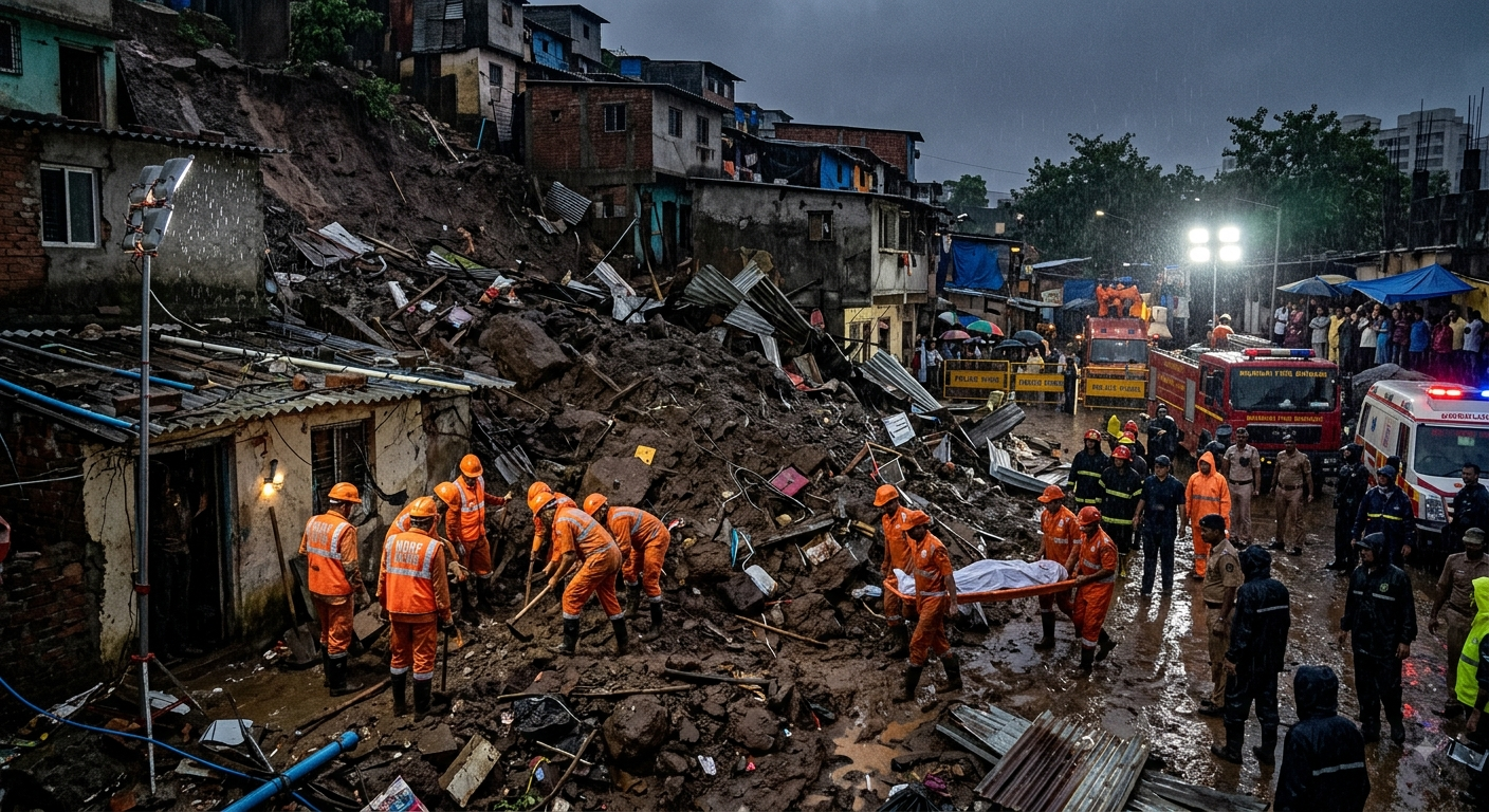 Mumbai Kurla Landslide News coverage showing rescue operations at the debris site in Ghatkopar Kurla